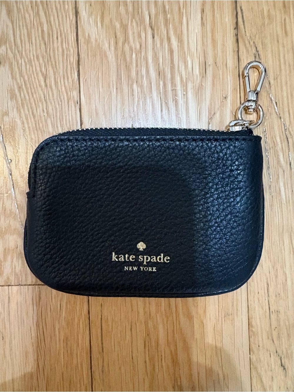 Kate Spade New York Pebbled Leather Coin Purse Keychain Pouch Black Gold